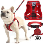 EXPAWLORER Classic Plaid Puppy Harness - Small Dog Harness and Leash Set - Dog Collar and Leash Set with AirTag Holder, Soft Padded Step in Dog Vest Harness No Pull Reflective for Outdoor, Red XXS