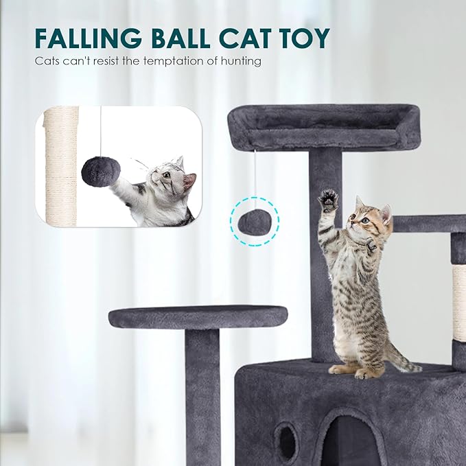 Cat Tree 53 inches Cat Tower for Indoor Cats Cat House with Replaceable and Removable Dangling Ball Cat Trees and Towers with Funny Toys, ASHY