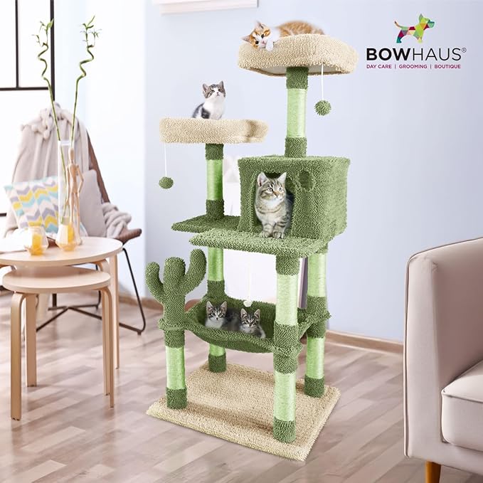 Cactus Cat Tree, Multi-Level Cat Activity Tower with Plush Perch, Scratching Posts, Ramp & Cat Cave Condo for Large Cats & Kittens, 58-Inch