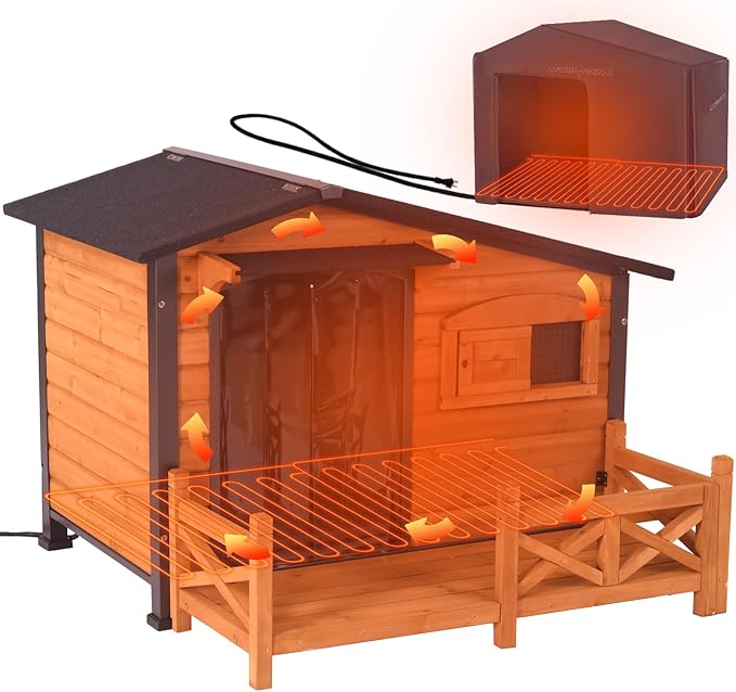 GUTINNEEN Heated Dog House Outdoor Dog Kennel with Safe Heated Pad, Chew-Proof Metal Frame and Insulated Liner for Small to Medium Dogs, 44.6" L x 41.1" W x 32.9“H (Brown)