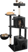 Cat Tree, 54-Inch Cat Tower for Indoor Cats,Plush Multi-Level Cat Condo with Scratching Posts, Basket, Perches,2 Caves,2 Pompoms(Black)