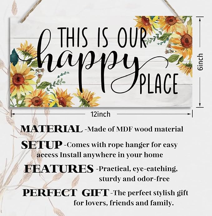 Sunflower Theme Wood Decor Sign, This Is Our Happy Place, Hanging Printed Wooden Plaque Decor, Rustic Home Décor Sign, Entryway Wall Decor, Hanging Plaques for Foyer Farmhouse Hostel Sign 12x6 inch