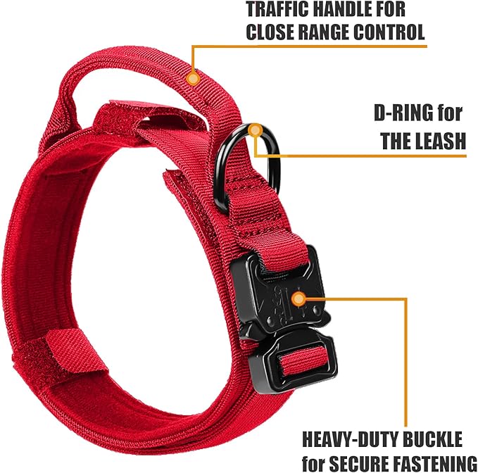 Tactical Dog Collar and Bungee Leash,Military Dog Collar & Leash Set with USA American Flag Adjustable K9 Collar with Heavy Duty Metal Buckle & Handle,with Patches and Airtags Case (XL, Red)