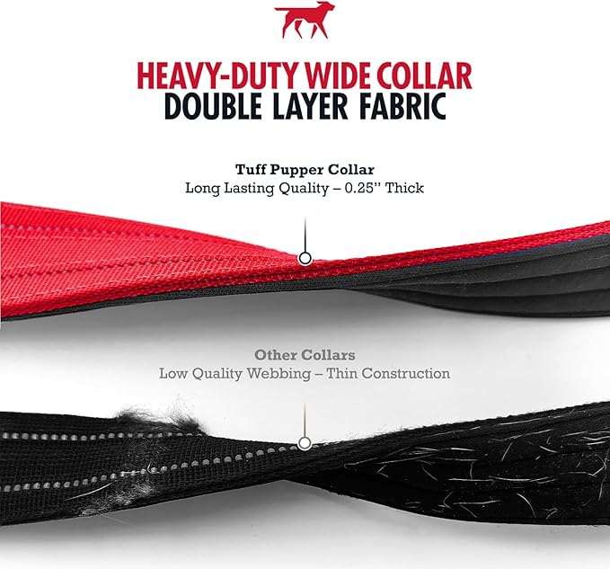 Tuff Pupper Heavy Duty Tactical Dog Collar | 1.5" Wide Ballistic Nylon | Reflective Stitching | Integrated ID Tag Holder | Stainless Steel Buckle | Padded Lining | Medium & Large Dogs (Red, Large)