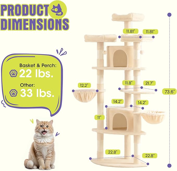 WEEWAY 73in Multi-Level Cat Tree with a Fan-Shaped Base, 2 Cozy Condos, 2 Hanging Baskets, Unique Perch, Sisal Scratching Posts, Hanging Balls, Ideal for Multiple Indoor Kitties, Beige