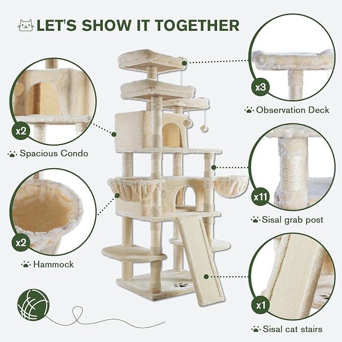IMUsee 68 Inches Multi-Level Large Cat Tree for Large Kitties/Big Cat Tower with Condo/Cozy Plush Perches/Sisal Scratching Posts and Hammocks/ ‌Feline Activity Center Play House/Beige
