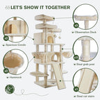 IMUsee 68 Inches Multi-Level Large Cat Tree for Large Kitties/Big Cat Tower with Condo/Cozy Plush Perches/Sisal Scratching Posts and Hammocks/ ‌Feline Activity Center Play House/Beige