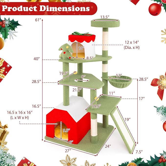 Tangkula Christmas Cat Tree, 61” Tall Cat Tower with Sisal Scratching Posts & Climbing Ladder, Plush Perch, Gift Box Shaped Condo, Hanging Toys, Basket Bed, Cute Cat Tree Tower Holiday Decoration