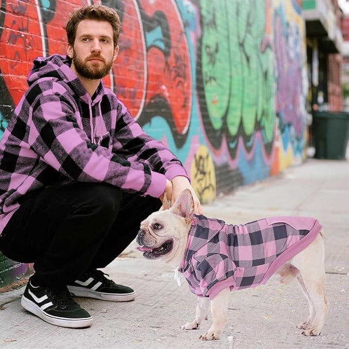 KOOLTAIL Plaid Dog Hoodie Pet Clothes Sweater with Hat and Pocket for Small Medium Large Size Dogs, Soft Winter Warm Dog Cold Weather Coat, Fleece Fall Dog Hooded Sweatshirt for Puppy Cats, Pink M