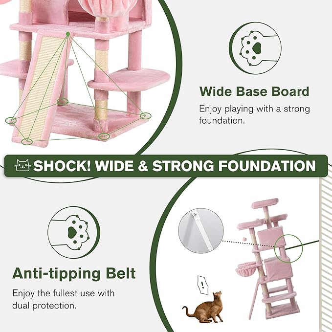 MUTICOR 68 Inches Multi-Level Large Cat Tree Tower with Condo/Cozy Plush Perches/Sisal Scratching Posts and Hammocks/‌Feline Activity Center Play House/Wide Base/Pink