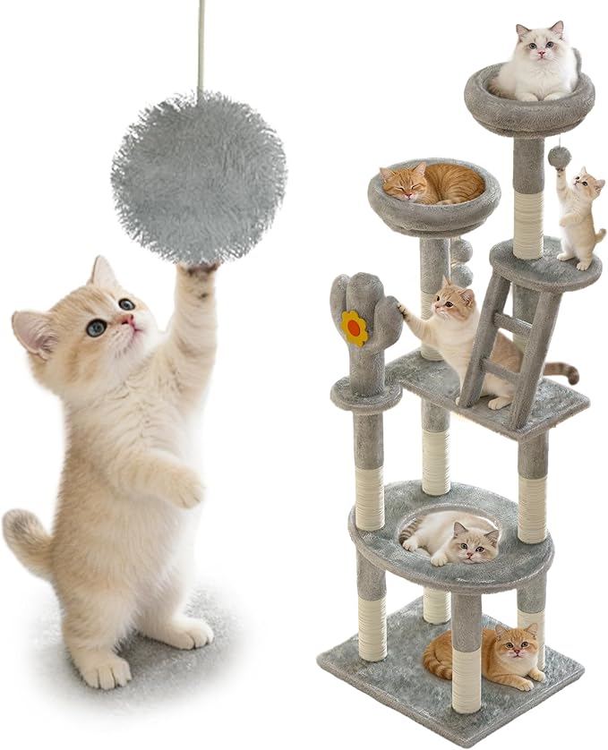 72in Cactus Cat Tree Tower – Transparent Capsule, Sisal Scratching Posts & Plush Perches | Multi-Level Adventure Center for Kittens & Large Cats, Sturdy & Stylish Home Decor (Gray)