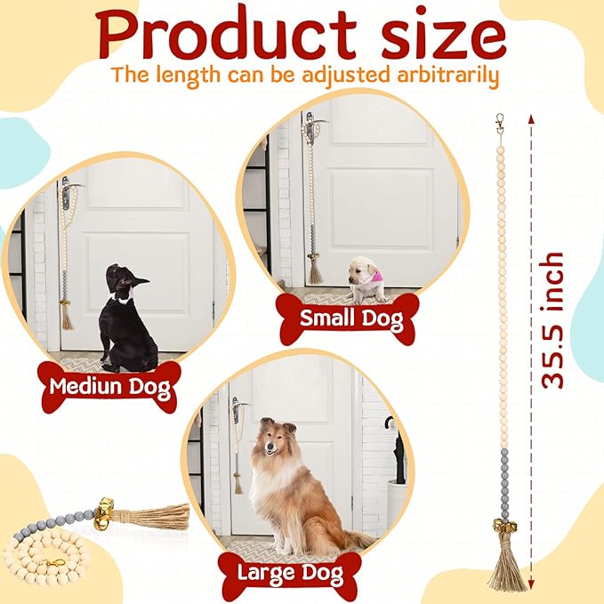 Jexine 3 Pcs Dog Bell for Door Potty Training Adjustable Wooden Beads Hanging Dog Door Bells for Puppy Training Doorbells to Ring to Go Outside Pet Supplies, Black, Gray, White