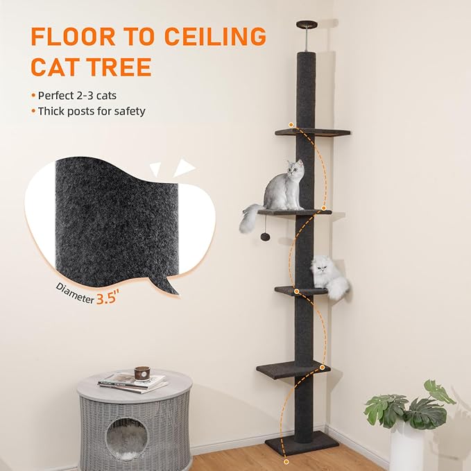 Cat Craft Cat Tree Floor to Ceiling 95-108" Tall Cat Tree Carpet Cat Tower Kitten Tree Sisal Scratching Post and Mat Cat Pole for Indoor Cats, Ash