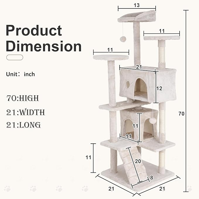 70" Multi-Level Cat Tree Tower with Scratching Posts, Toys & Condo - Space-Saving Design for Indoor Kittens, Compact Floor Footprint & Vertical Space for Multi-Cat Homes-Beige
