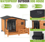 GUTINNEEN Dog House Outdoor with Anti-Chewing Iron Frame, Weatherproof Dog Shelter with Large Porch and Sliding Window, Dog Crate for Small, Medium and Large Dogs Outside