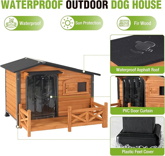 GUTINNEEN Dog House Outdoor with Anti-Chewing Iron Frame, Weatherproof Dog Shelter with Large Porch and Sliding Window, Dog Crate for Small, Medium and Large Dogs Outside