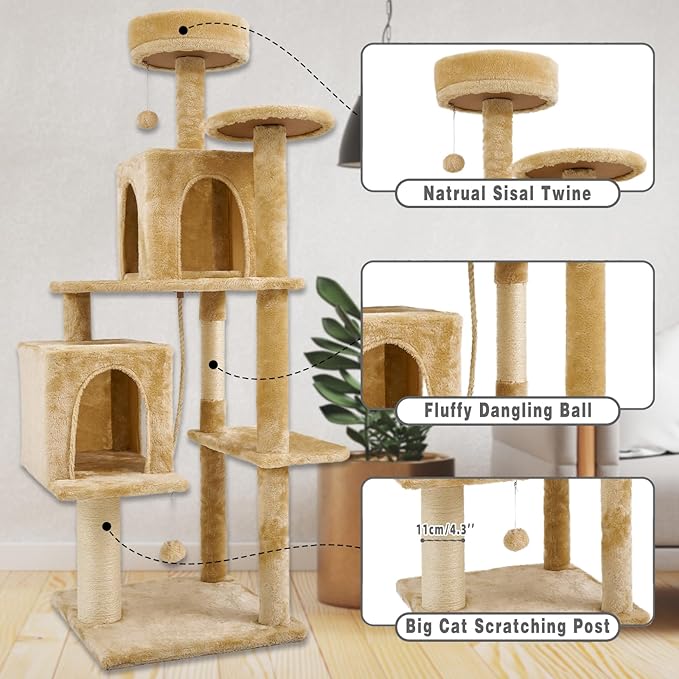 57.8" Large Cat Tree for Indoor Cat, Tall Cat Tower for Cat Adult, Durable Stable Multi-Level Cat Furniture, with Cat Condos, Cat Beds, Sisal Cat Scratching Posts, Hanging Pompoms (Beige)