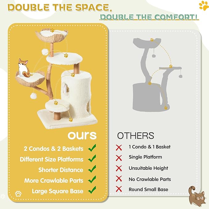 Erinnyees 54" Real Wood Cat Tree for Indoor Cats, Modern Boho Cat Tower with Woven Basket Beds, Natural Branch Scratching Post, Luxury Cat Condo Furniture, White