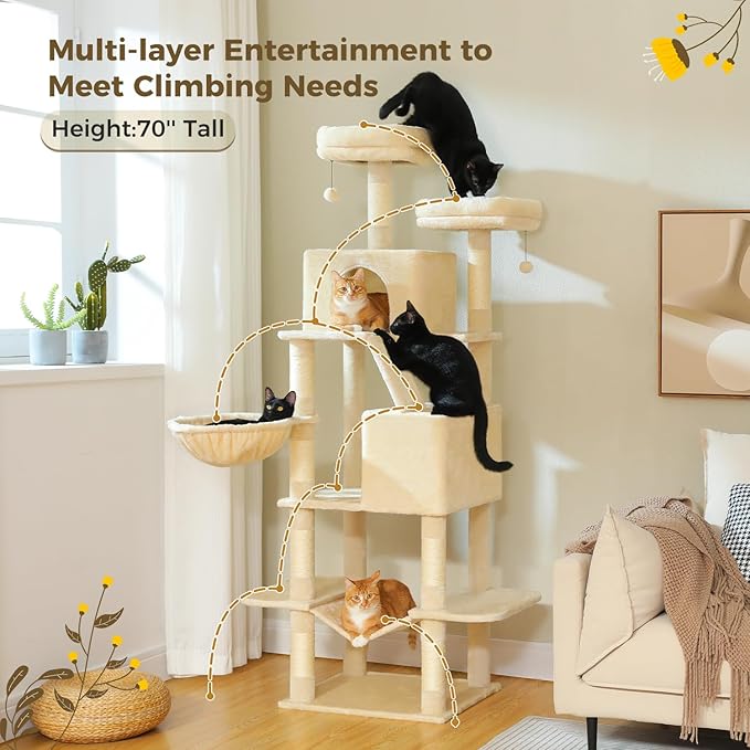 70.8" Tall Cat Tree for Indoor Cats Adult, 8-Levels Large Cat Tower with 8 Sisal Posts, 2 Hammocks, 2 Codons, Big Perch & 3 Pom Poms for Multi Cats Household– Plush Beige