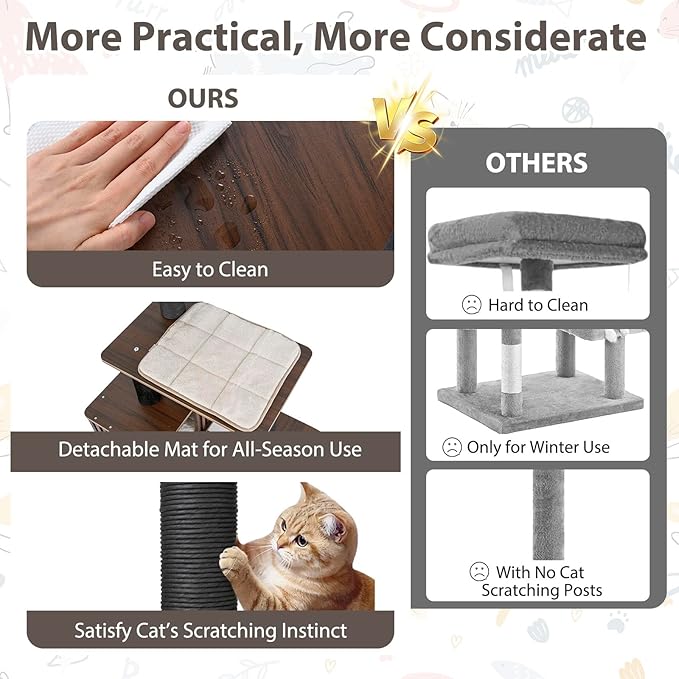 PETSITE 59.5 Inches Modern Cat Tree, Multi-Level Cat Tower with Scratching Posts, Large Condo with Removable Pad, Cushioned Soft Top Perch, and Interactive Dangling Ball (Brown)