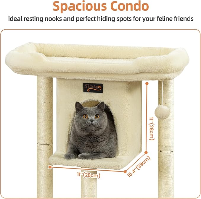 Cat Tree Tower Scratching Post for Indoor Large Cats, Small Cat Tree with Big Perch Bed, 28in Tall Trees House with Condo Cave, Toy Balls, Modern Climbing Furniture Platform for Kitten (Beige)