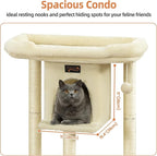 Cat Tree Tower Scratching Post for Indoor Large Cats, Small Cat Tree with Big Perch Bed, 28in Tall Trees House with Condo Cave, Toy Balls, Modern Climbing Furniture Platform for Kitten (Beige)