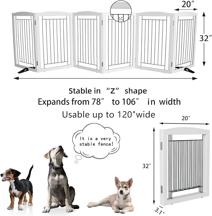 Dog Fence Indoor,Dog Gate Indoor for Doorway pet gate -6-Panel Freestanding, Hallways, House or Stairs -120x32-Inch Retractable Foldable Expandable Wood Pet by SFJC (White)