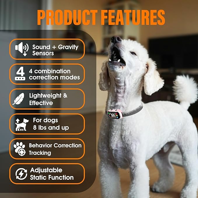 Smart Dog Bark Collar for Small Medium Large Dogs 10-100lbs, Humane Anti-Bark Device with Anti-False Trigger Gravity Sensor & Bark Count Tracking, 4 Modes & 8 Levels to Effectively Stop Barking
