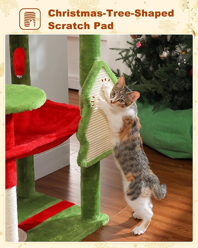 PEQULTI Christmas Cat Tree for Large Cats with Metal Frame Big Hammock, Cat Tower for Indoor Cats with 2 Door Condo House, [56.3"=143cm] Multi-Level Cat Shelves with Scratching Posts and Top Perch
