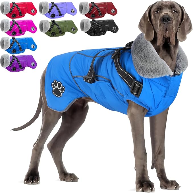 Doglay Dog Coat with Harness, Reflective Warm Dog Jacket Waterproof Puppy Winter Coat for Cold Weather, Adjustable Fleece Jacket for Small Medium Large Dogs