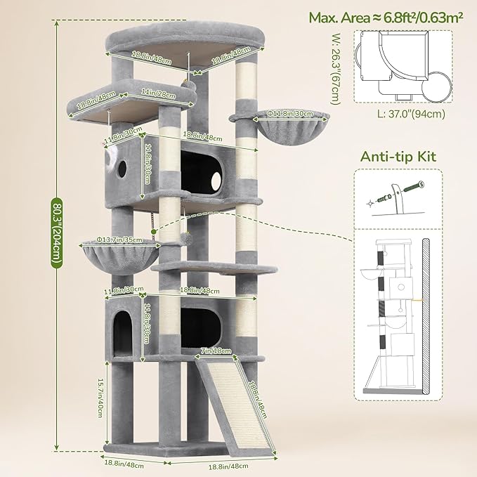 Globlazer Extra Large Heavy Duty Cat Tree, 80in Tall Sturdy Cat Tree Tower for Multiple Indoor Cats Large Adult with Scratching Posts, 2 Spacious Condos with Padding, 2 Soft Perches, S80C, Light Grey