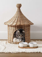 LE TAUCI PET Dog and Cat Bowl Set with Acacia Wood Tray - 2 Cup Ceramic Puppy Bowls for Cats &Small Dogs, Dual Food and Water Bowls with Weighted Non-Slip Base