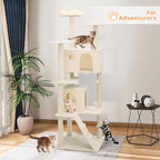 Tall Cat Tree with Scratching Post, 2 Cat Condos and Ladder, Cat Tower for Indoor Cats Kittens Climbing Tower with Anti-Tipping Rope, 77 Inch, Beige