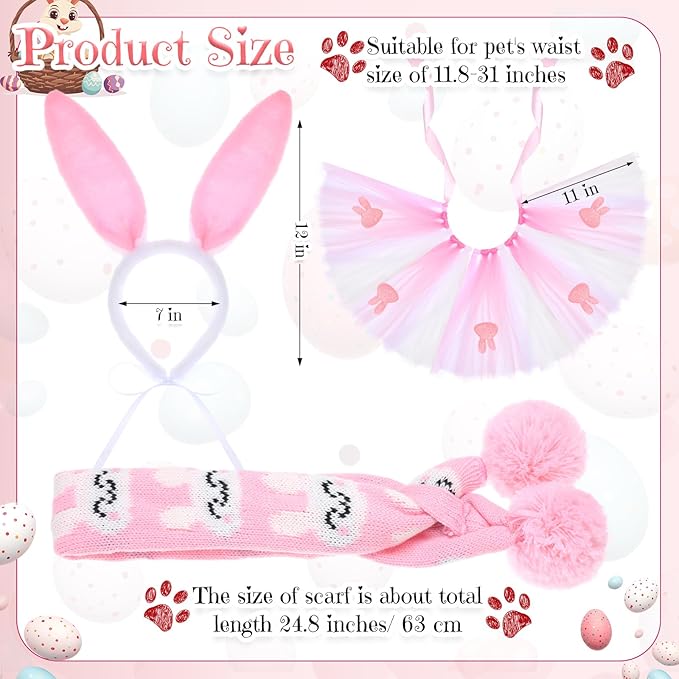 3 Pieces Easter Dog Costume Set Including Easter Rabbit Ears Headband Easter Dog Tutu Dress Cute Pet Tutu Pink Easter Pet Scarf for Medium Dogs Holiday Outfit Accessory