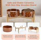 SPUNKYJUNKY Elevated Dog Bowls Ceramic, 7.3'' Dogs Food Water Bowls Raised with Non-Slip Bamboo Stand for Medium to Large Sized Breed Microwave Dishwasher Safe - 42 OZ,Skull Bronze