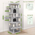 Globlazer Corner Cat Tree for Large Cats, 66inch Tall Curved Series Large Cat Tower for Multiple Indoor Cats with 6 Scratching Posts, 2 Spacious Cat Condos, Hammock, Hanging Basket, C66, Light Grey