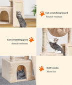 SYANDLVY Cat Tree for Indoor Cats Large Adults, Modern Activity Tower with Scratching Posts & Board, Condo with Plush Perch, Climbing Stand with Cradle & Hanging Ball for Play, Beige