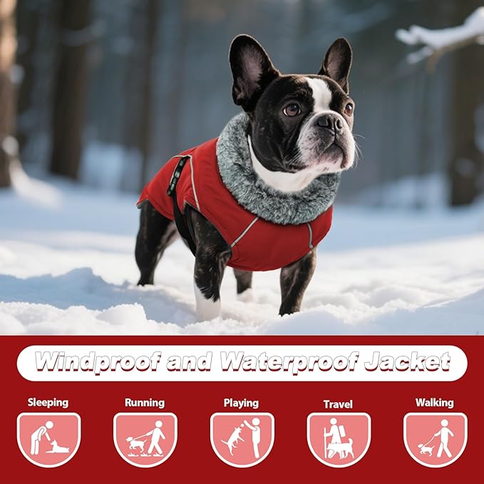 DENTRUN Winter Warm Dog Coat Reflective Jacket with Turtleneck for Cold Weather, Adjustable Buckle Windproof Water Repellent, Thick Snowsuit Fleece Vest for Small, Medium, Large Dogs, Red, XL
