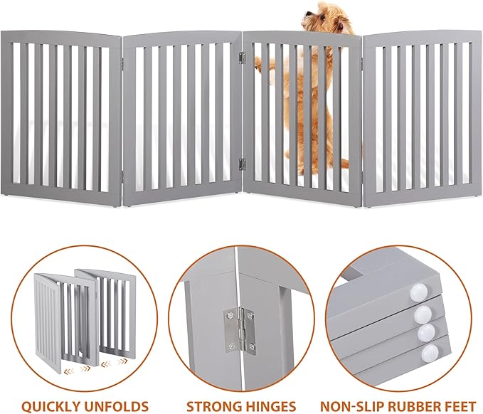 JungleA Freestanding Foldable Pet Gate for Dogs, 24 inch 4 Panels Step Over Fence,Pet Door, Dog Gate for Room, Doorway, Stairs (Grey)