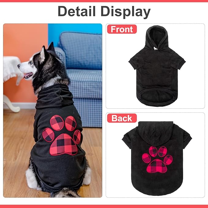 KOOLTAIL Plaid Dog Hoodie Pet Clothes Sweater with Hat and Pocket for Small Medium Large Size Dogs, Soft Winter Warm Dog Cold Weather Coat, Fleece Fall Dog Hooded Sweatshirt for Puppy Cats, Black XL