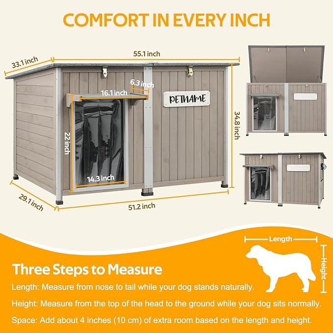 55"L Dog House Outdoor Large Breed Extra XL Wooden Dog House with Weatherproof Asphalt Roof, All-Around Iron Frame, Removable Floor, Openable Top Roof, Air Vents Window, Chew-Proof Frame Gray