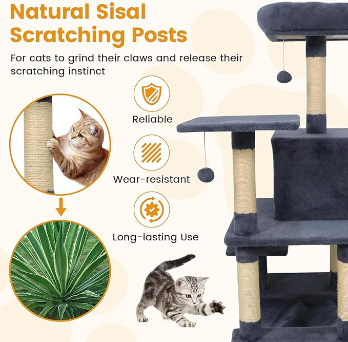 PETSITE Multi-Level Cat Tree, 58 Inches Tall with Sisal Scratching Posts, Condo, Hammock, Dangling Balls, Jumping Platforms, and Cozy Top Perch, Ideal for Indoor Cats to Play and Rest (Dark Grey)