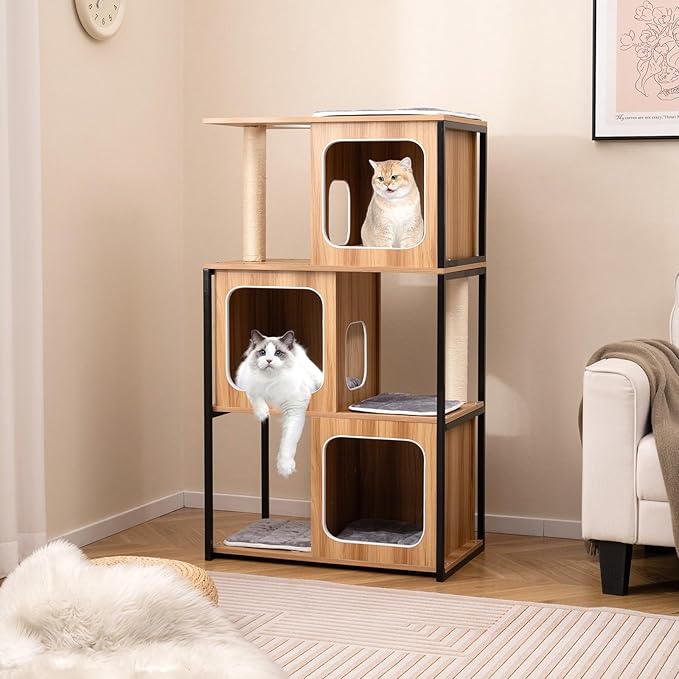 Tangkula Modern Cat Tree, 52 Inch Wooden Cat Condos with Metal Frame, Sisal Scratching Posts & Board, Washable Cushions, Multi-Level Cat Tower for Indoor Cats & Kittens (Natural)