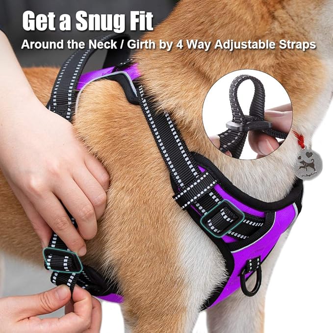 PoyPet No Pull Dog Harness, Reflective Comfortable Vest Harness with Front & Back 2 Leash Attachments and Easy Control Handle Adjustable Soft Padded Pet Vest for Small to Large Dogs (Purple,S)