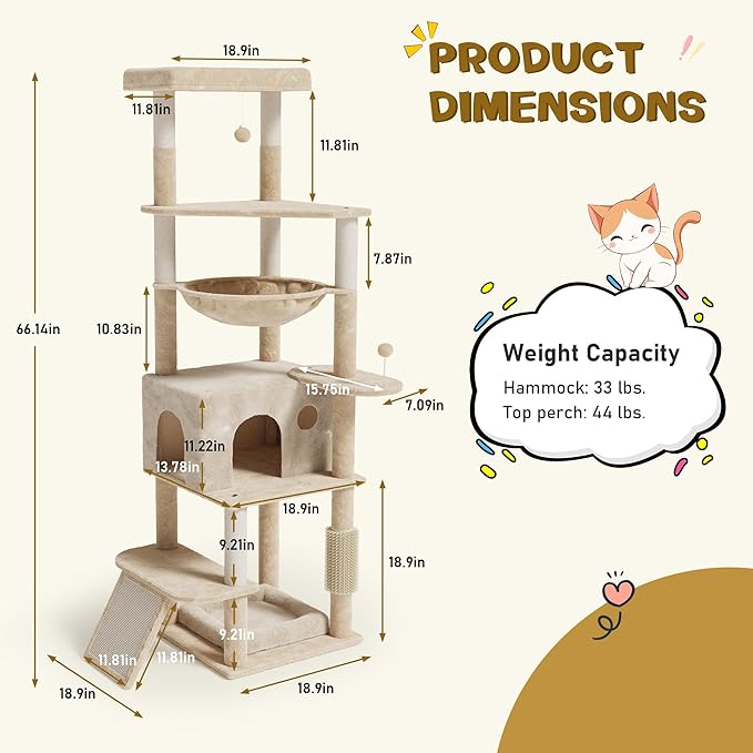 66 inches Cat Tree, Multi-Level Tall Modern Cat Tower for Indoor Large Cats Adult with Sisal Scratching Posts & Board, Padded Platforms, Hammock and Condo, Beige