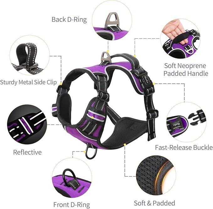 HEELE Dog Harness, No Pull Adjustable Padded Reflective Harness for Small Medium Large Dogs with Handle for Walking Training, Purple, M