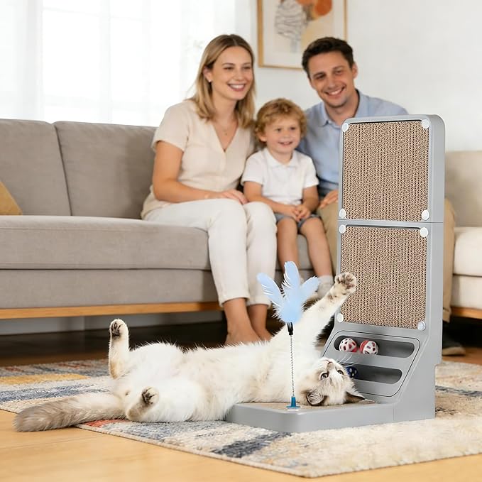 Cat Scratcher Cat Scratch Pad L Shape Wall Mounted Dual Use (Vert/Horiz) Kitten Bunifa Scratching Card Board Vertical Post with Ball Toys Feathers,Protecting Furniture Core is Replaceable Large Grey
