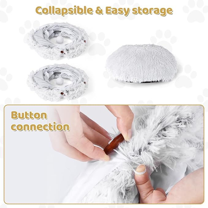 Cat Tunnel Bed with 20 Pcs Interactive Toys, 3-in-1 DIY Collapsible Plush Cat Tube with Washable Mat, Large Indoor Play Tunnel Cave for Kittens and Small Animals