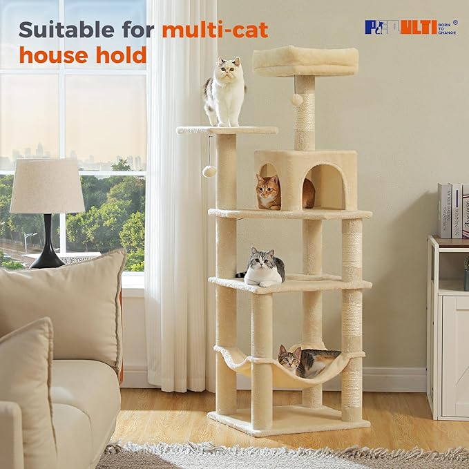 PEQULTI 56.3'' Cat Tree for Indoor Cats, Multi-Level Cat Tower with 2 Top Perch, Cat Condo, Hammock and Sisal-Covered Scratching Post, Beige
