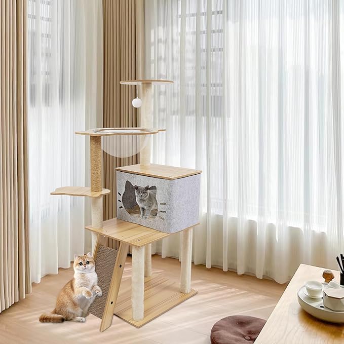 Cat Tree, W15.7*D19.7*H47.2in Cat Climbing Tower for Indoor Cats, Multi-Layer Cat Condo with Cat House, Transparent Capsule, Platforms, Scratching Posts, Holds 7.5kg/16.5lbs